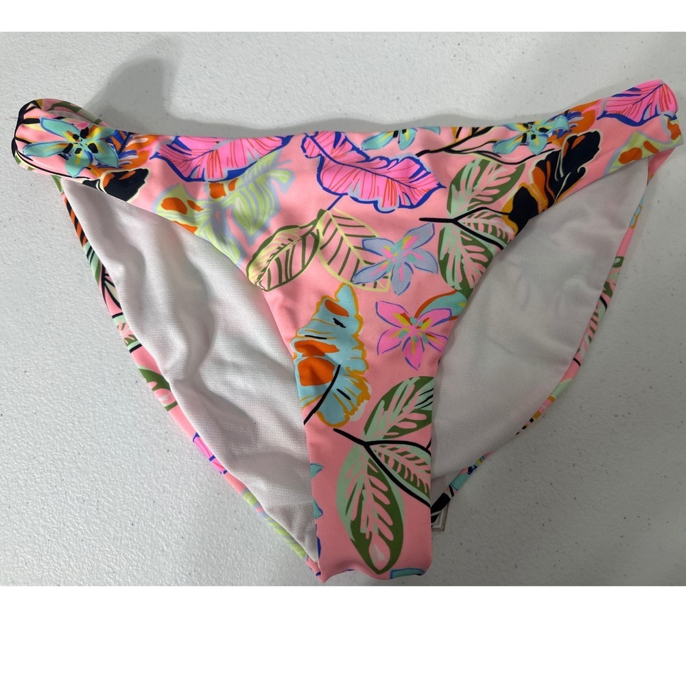 Bingo Surf Womens Tropical Floral Ruched Back Bikini Bottoms Pink Small